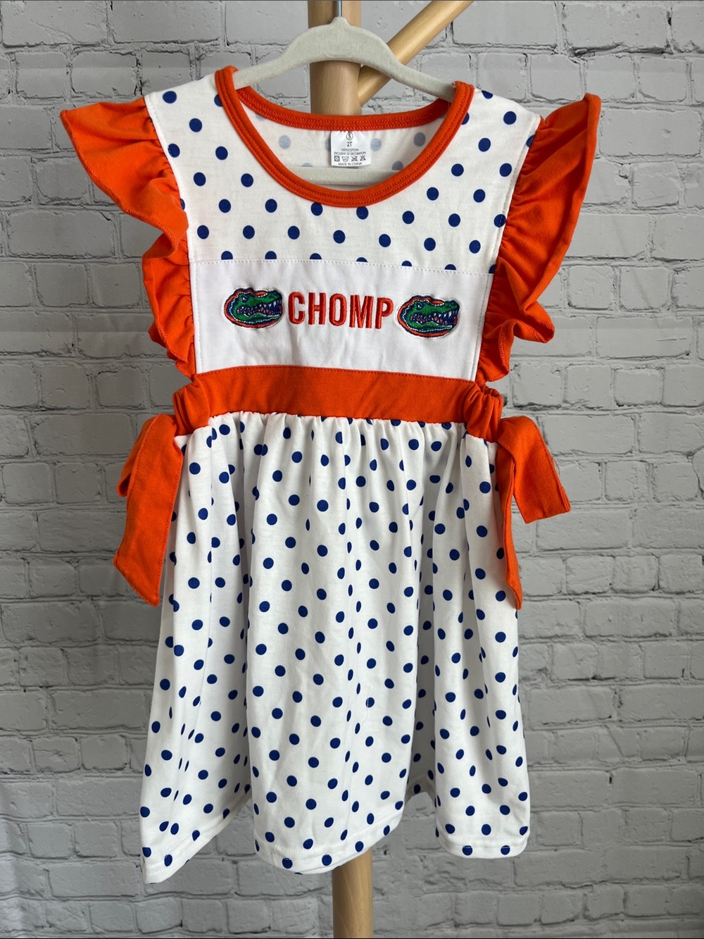 Polka Dot 'CHOMP' Ruffle Sleeve Dress with Florida Gator Patches